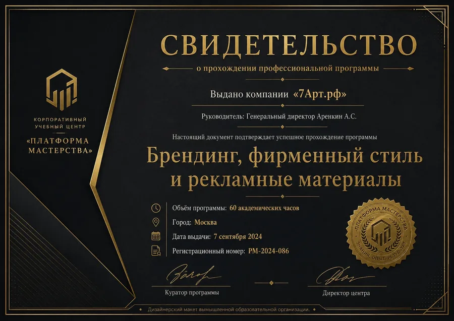 Свидетельство по брендингу и рекламным материалам 7Арт