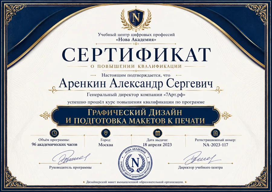 Сертификат по графическому дизайну и подготовке макетов к печати 7Арт